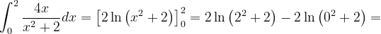 \dpi{120} \int_{0}^{2}\frac{4x}{x^{2}+2}dx=\left [ 2\ln \left ( x^{2}+2 \right ) \right ]_{0}^{2}=2 \ln \left ( 2^{2}+2 \right )-2 \ln \left ( 0^{2}+2 \right )=